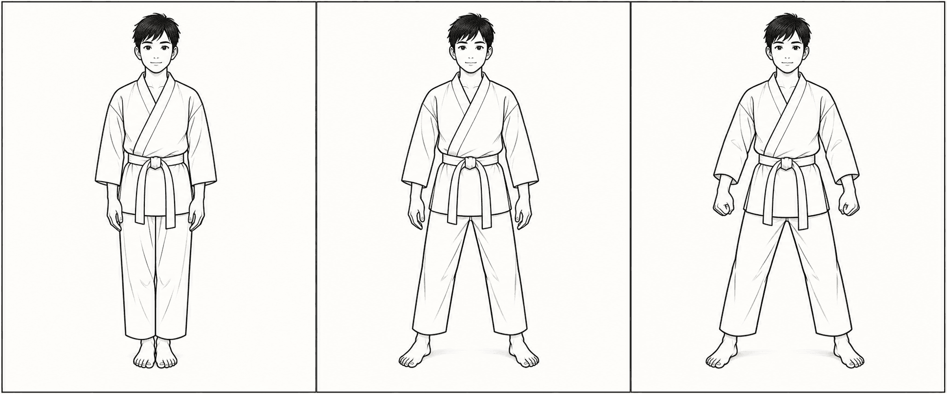 Three-panel line drawing showing a student setting their feet and settling into a relaxed ready stance.