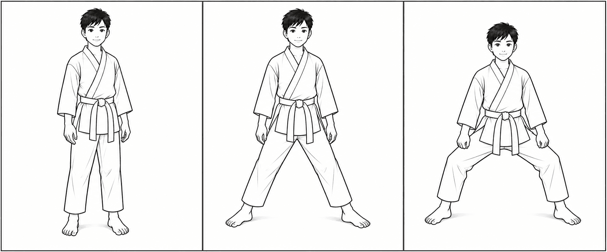 Three-panel line drawing showing a student widening their stance and settling into a balanced horse stance.