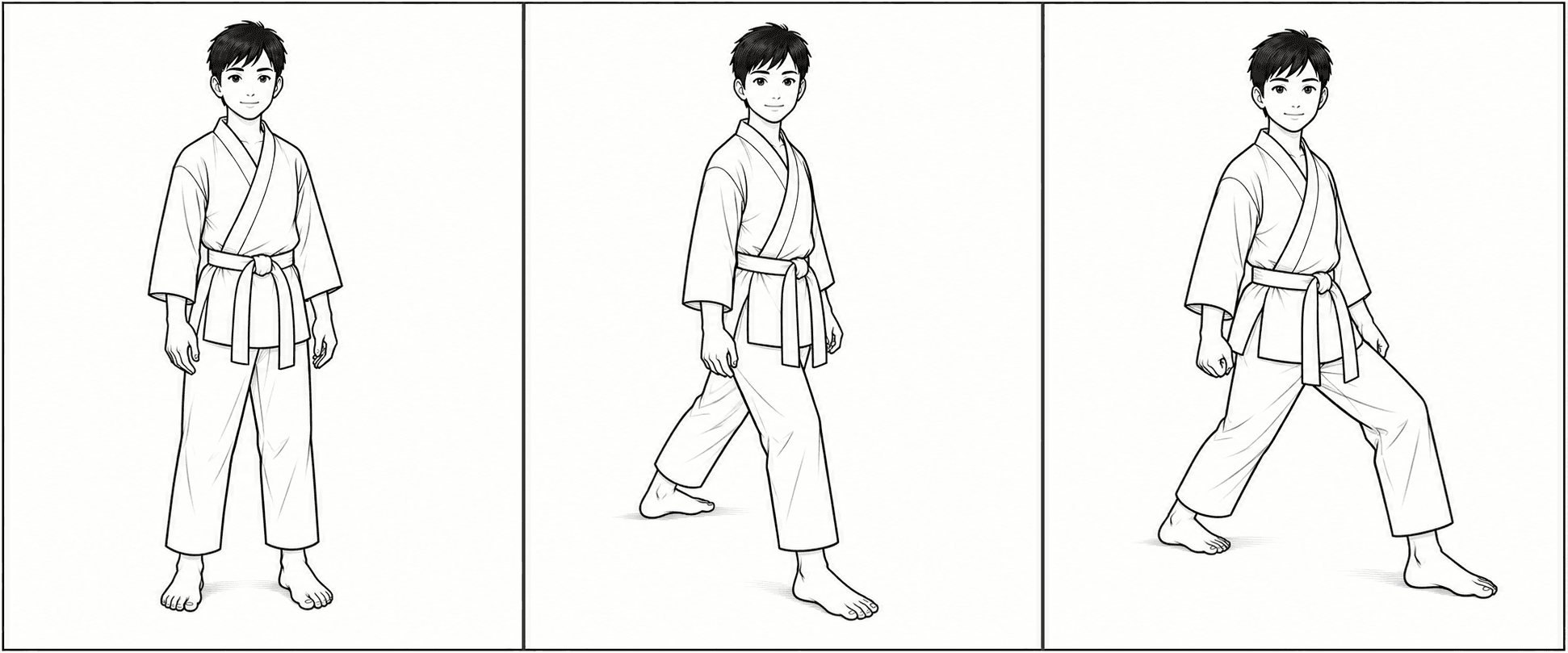 Three-panel line drawing showing a student turning, stepping back, and settling into a balanced back stance.
