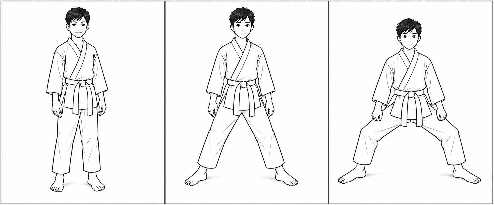 Three-panel line drawing showing a student stepping wide, turning the feet out, and settling into a straddle stance.