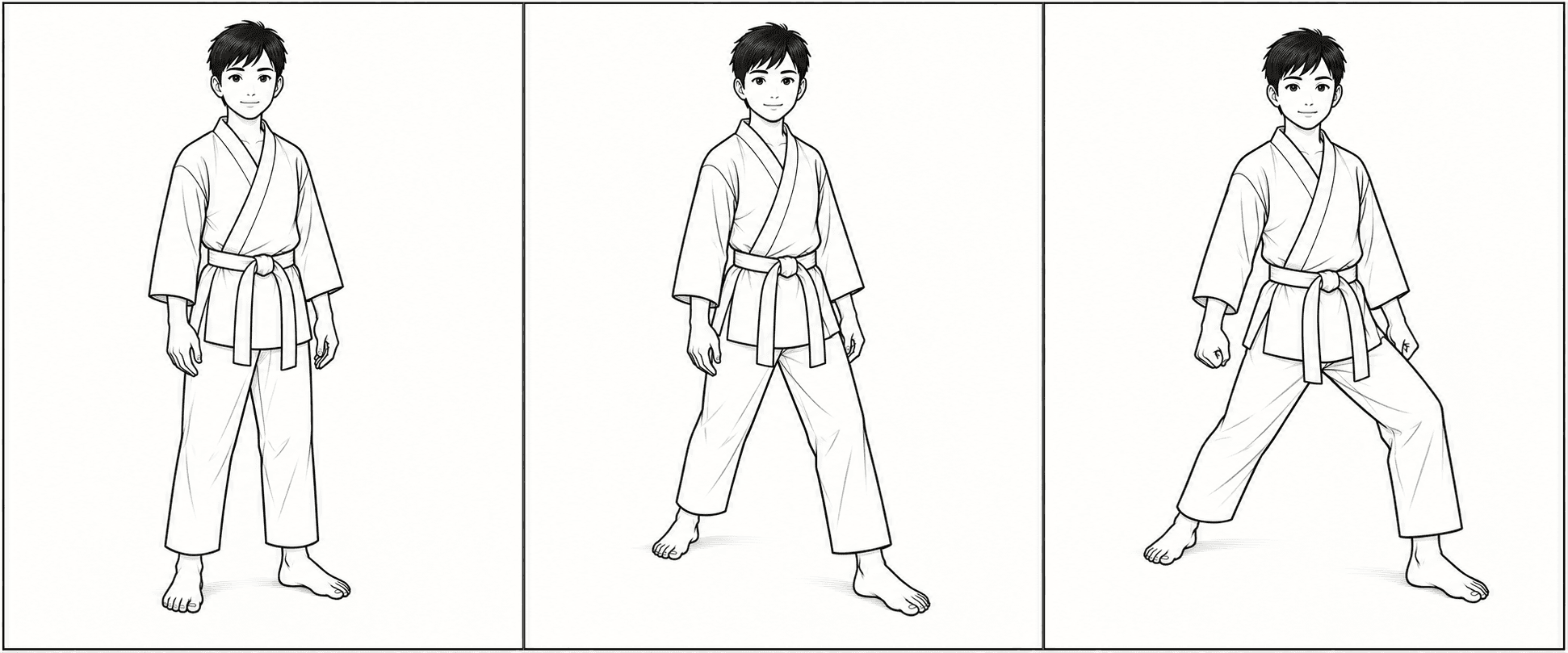Three-panel line drawing showing a student stepping forward and settling into a balanced front stance.