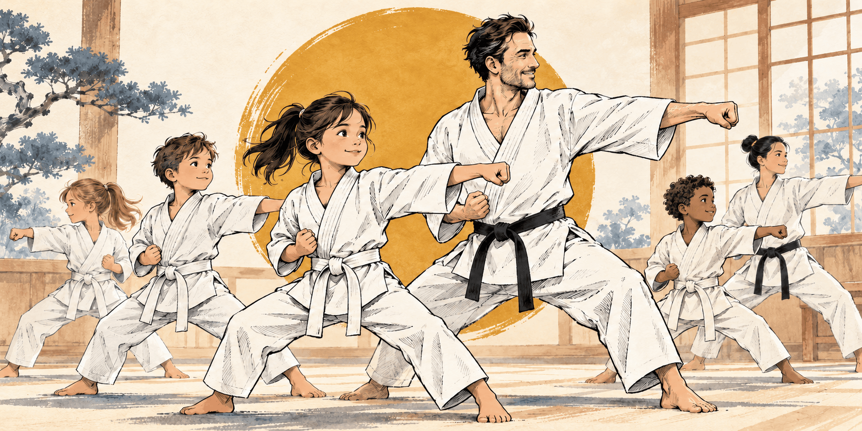 Colorful illustration of children and adults practising karate together in a dojo
